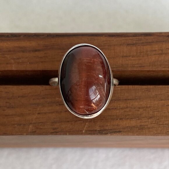 Sterling Silver 925 Oval Bezel Set 0.75" Tigers Eye Cats Eye Quartz Ring Sz 6.5 - Picture 7 of 16